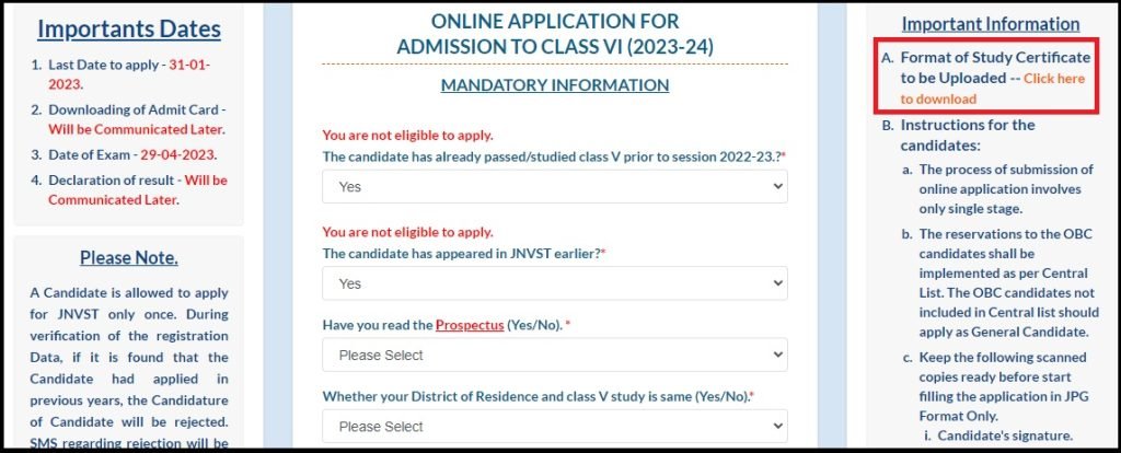 Jawahar Navodaya Vidyalaya Admission form