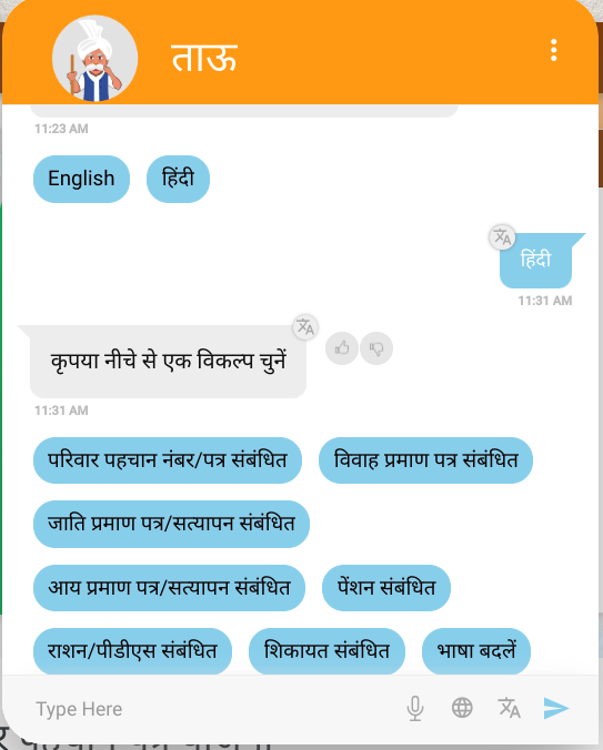 ताऊ से पूछो चैटबॉट पर उपलब्ध सेवाएं